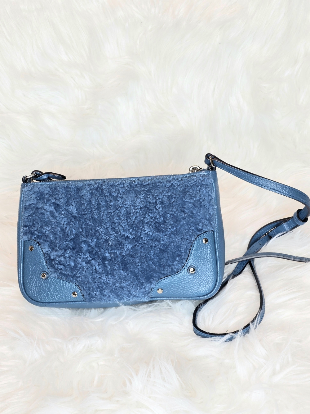 Coach Rhyder Shearling & Pebble Leather Crossbody Bag In Blue  Style #36490 - Picture 3 of 11